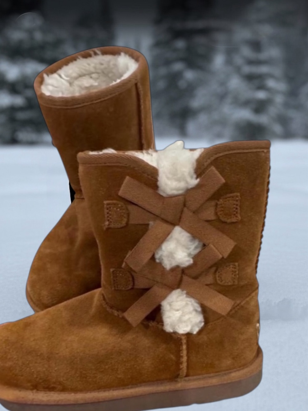 Kids Koolaburra Chestnut Suede Bow Snow Boots